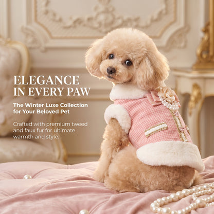 Pink Tweed Pearl Dog Coat Vest with Faux Fur Trim