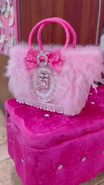 Luxury Pink Feather Pet Carrier Bag with Bow & Crystal Charm – Designer Dog Tote for Small Dogs Cats