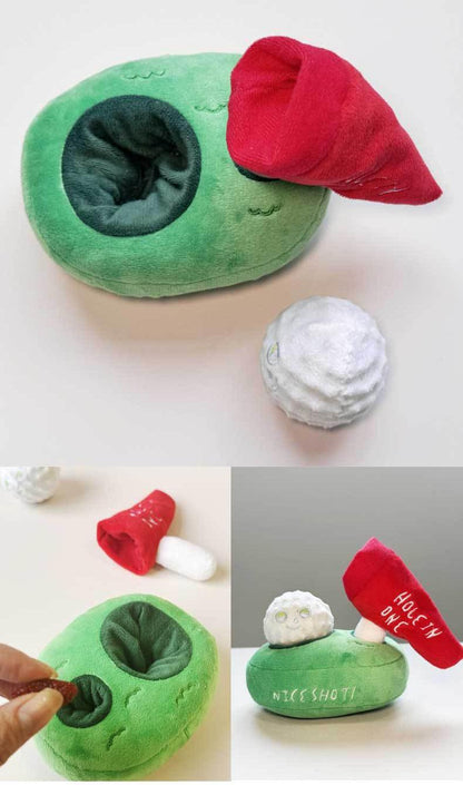 Golf-themed plush dog puzzle showing removable ball flag and treat pocket
