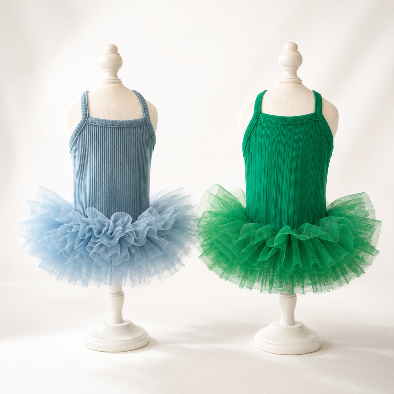 Blue and green pet tutu dresses for small dogs with ribbed knit bodice and fluffy layered tulle skirt