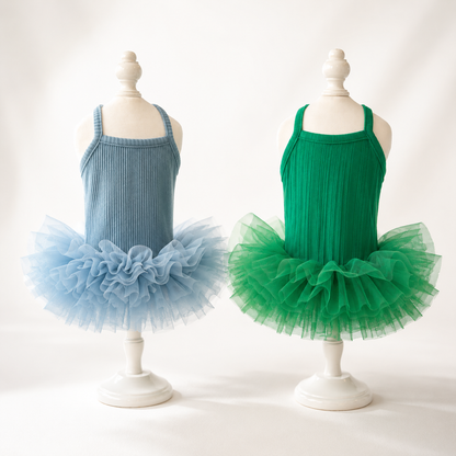 Blue and green pet tutu dresses for small dogs with ribbed knit bodice and fluffy layered tulle skirt