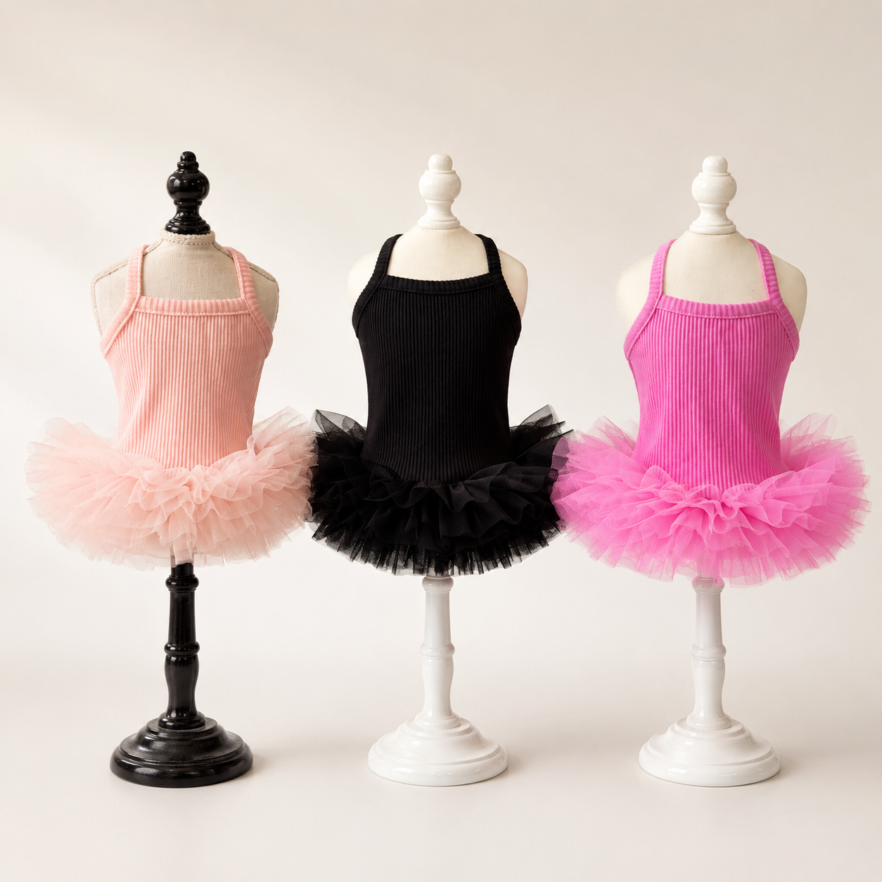 Pet tutu dress for dogs available in blush pink black and hot pink with fluffy layered tulle skirt