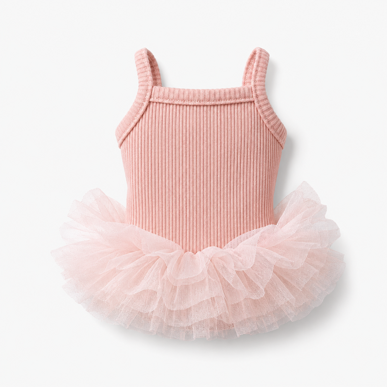 Blush pink ribbed knit puppy tutu dress with soft layered ballet style tulle skirt
