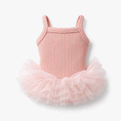 Blush pink ribbed knit puppy tutu dress with soft layered ballet style tulle skirt