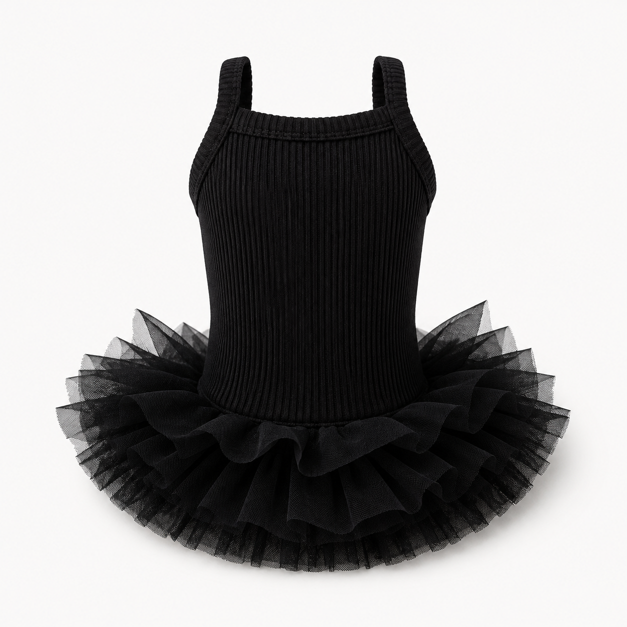 Black dog tutu dress featuring ribbed knit fabric and elegant ballerina inspired tulle skirt