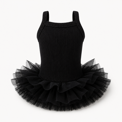 Black dog tutu dress featuring ribbed knit fabric and elegant ballerina inspired tulle skirt