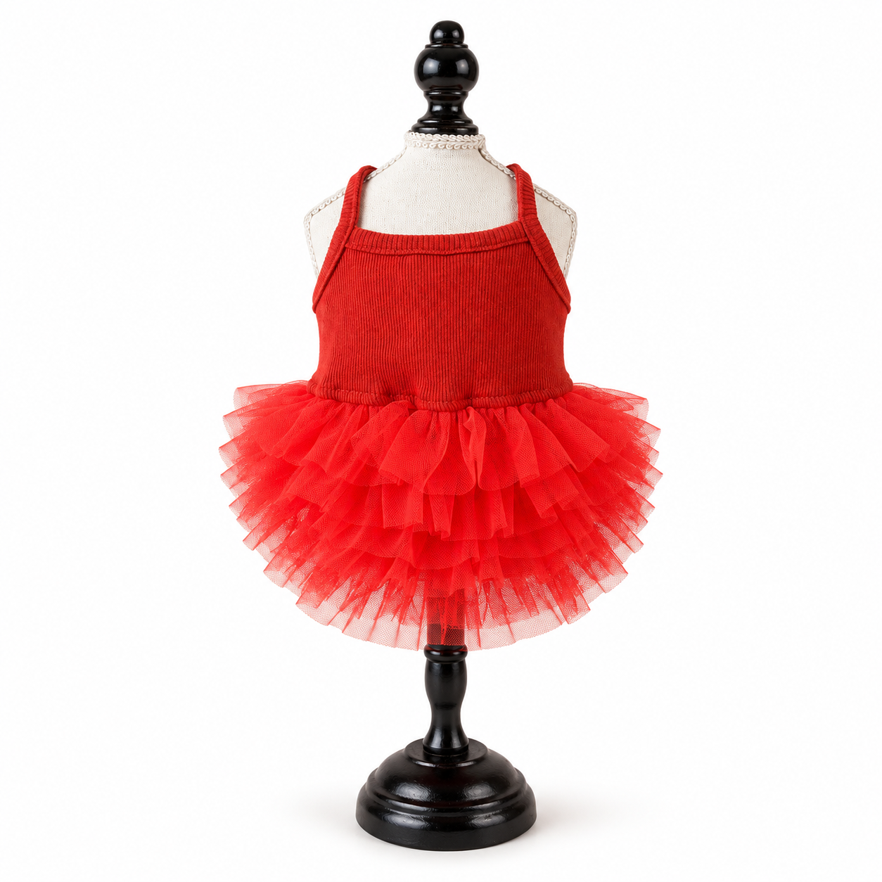 Front view of red pet tutu dress with layered mesh skirt for small dogs