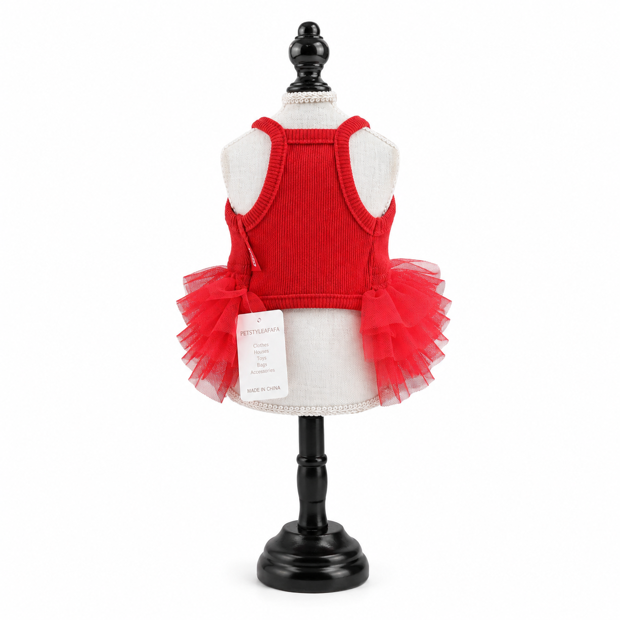 Back view of red ribbed knit dog tutu dress displayed on boutique mannequin