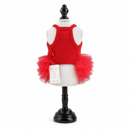 Back view of red ribbed knit dog tutu dress displayed on boutique mannequin